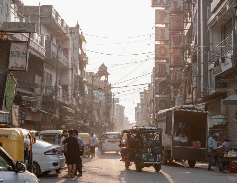 Stock photograph of people, vehicles, and shops on a busy street in Delhi; the people, vehicles, and businesses shown are unaffiliated with Wanhoo