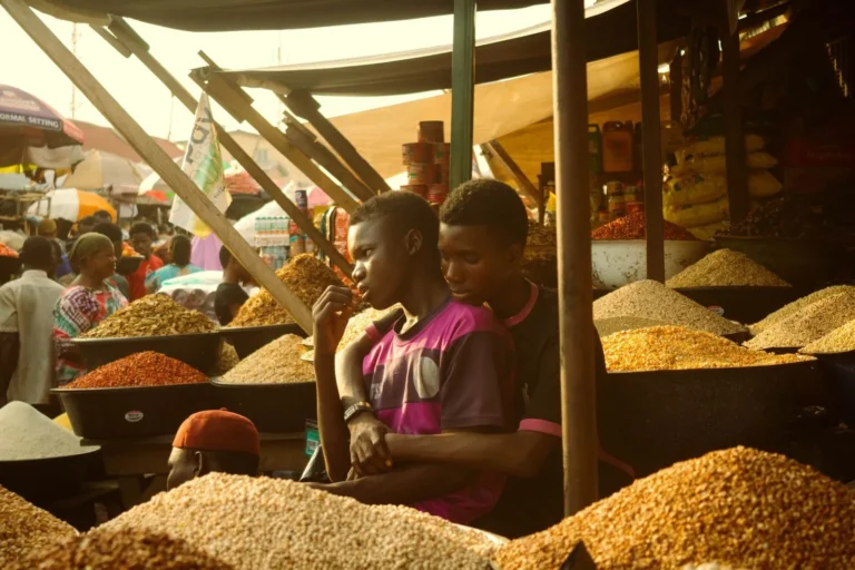 Stock photograph of traders and displays at an open market in Lagos; the people and businesses shown are unaffiliated with Wanhoo