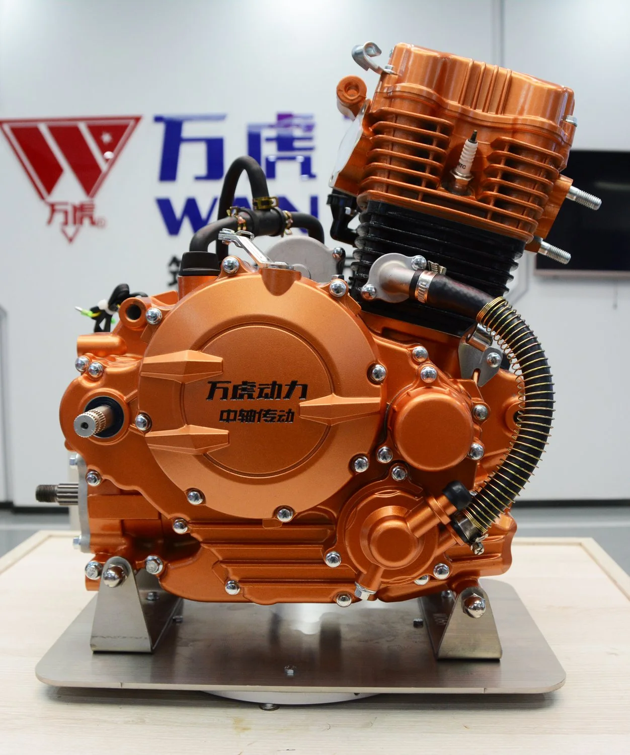 Wanhoo Mid-Shaft III generation 250cc engine photographed from the right side, showing the centreline output shaft position